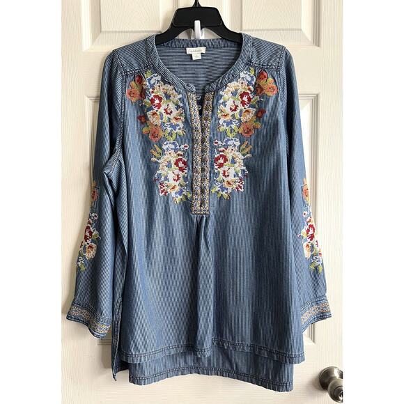 Sundance Tops - SUNDANCE Kenza Floral Cross Stitch Embroidered Chambray Striped Tunic Blouse L